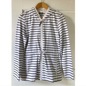 NWT T by Talbots Hooded Jacket Size PM French Terry Zip Front Navy Stripe Pocket